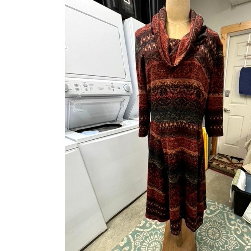 "Robbie Bee" Sweater Dress, Rustic,‎ Earth Tones, Cowl neck, Warm & Cozy, Size L